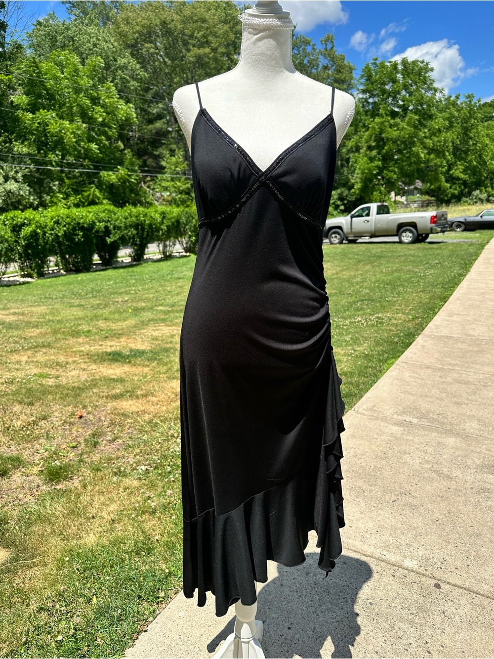 Studio Y Black Y2K Midi Slip Dress with Ruffled Asymmetric Hem
